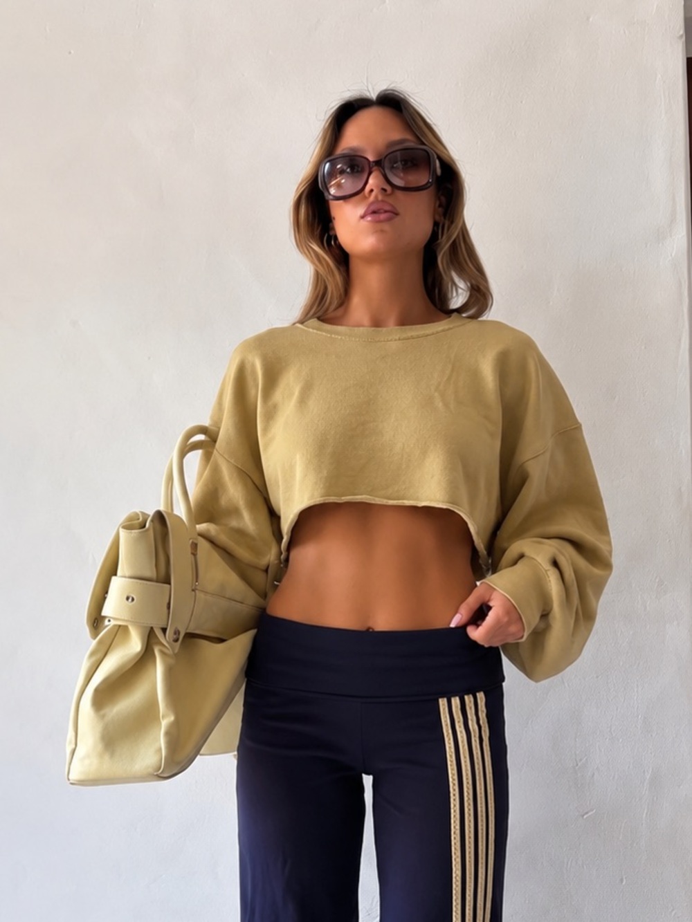 TNA Cropped Raw Hem Sweatshirt Mustard Tan Size 2 Y2K Aesthetic Athleisure